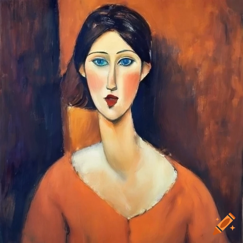 craiyon_172019_peinture_de_Modigliani_de_femme_brune_cheveux_courts__yeux_bleus__robe_orange_d_colle.png